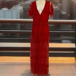 New Bershka Formal HoCo Prom Dress Maxi SzM Red Lace Mesh Deep V Neck Sexy Fairy